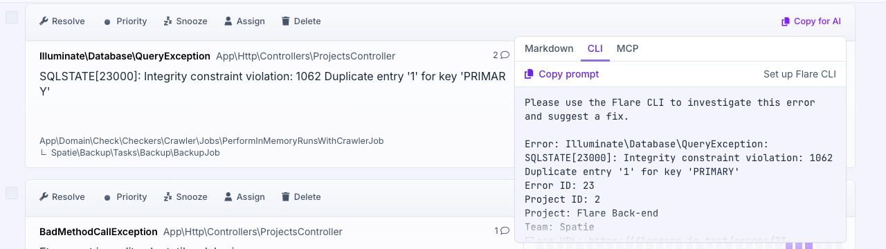 The Copy for AI popover on an error card