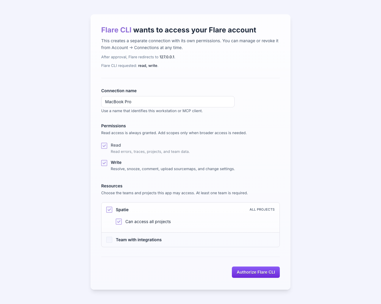The consent screen for the Flare CLI