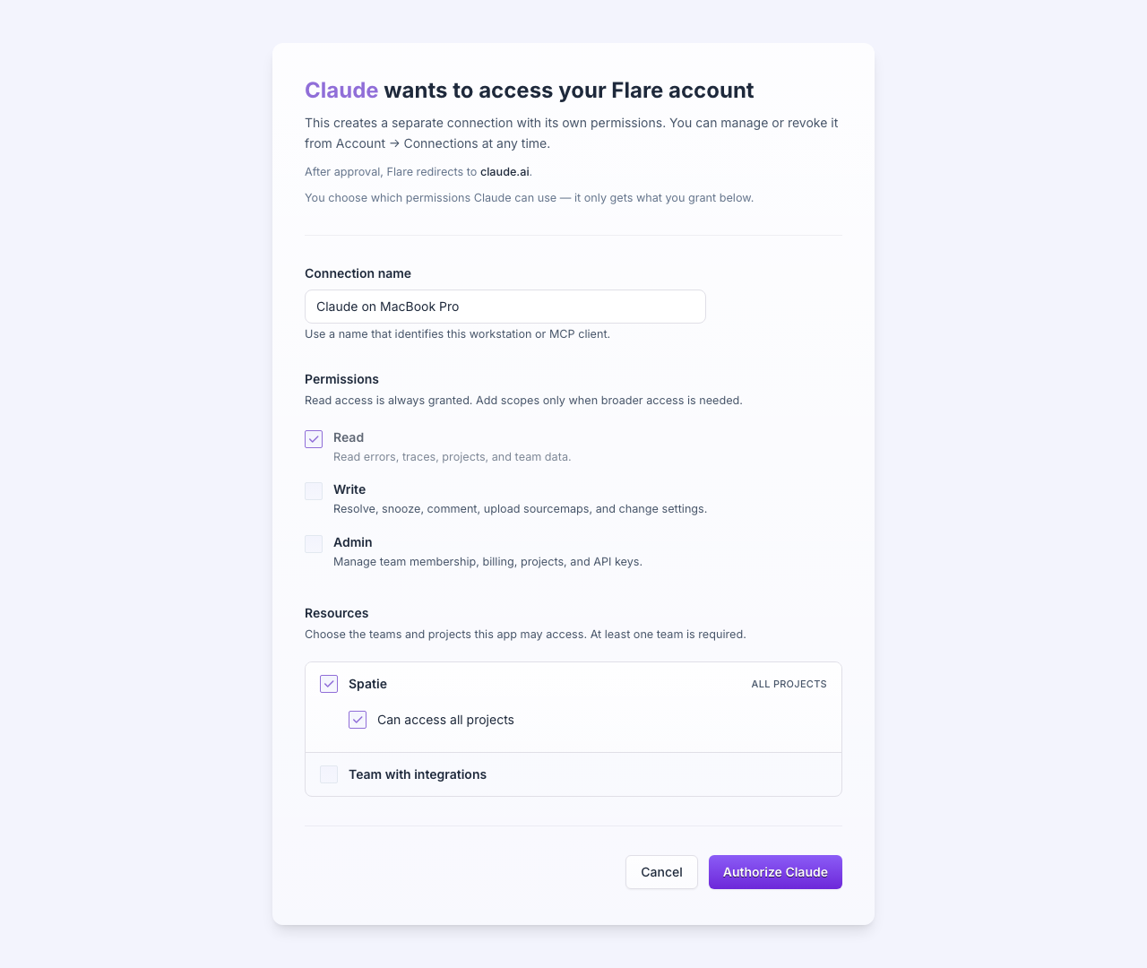 The consent screen for an MCP client