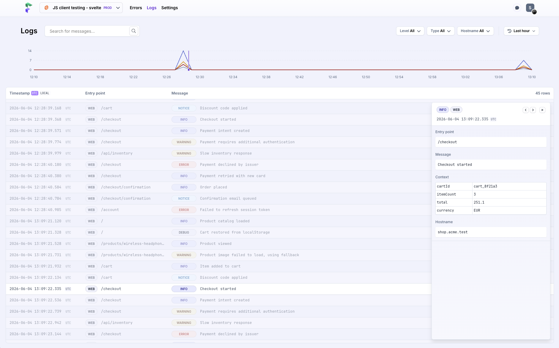 Flare logging page with example logs